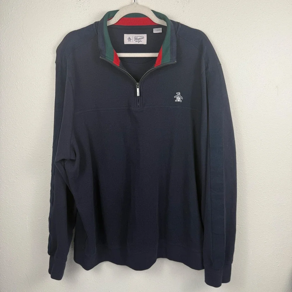 Original Penguin Mens XXL‎ Quarter Zip Pullover Navy Blue Striped Collar Logo